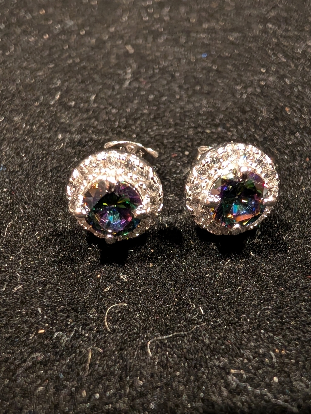 Silver Halo Stud Earrings with Mystic Topaz Rainbow Center, New